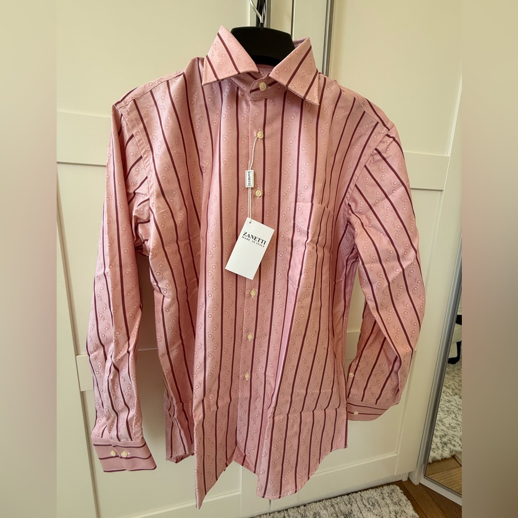 Zanetti Italy Elegant Pink With Red And Thin Blue Stripes Men's Dress Shirt